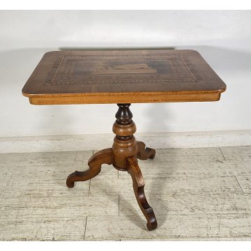 ANTICO TAVOLINO INTARSIATO TORO CORRIDA LEGNO NOCE 1800 SMALL TABLE SPAGNOLO OLD