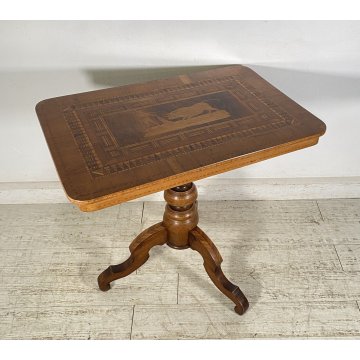 ANTICO TAVOLINO INTARSIATO TORO CORRIDA LEGNO NOCE 1800 SMALL TABLE SPAGNOLO OLD