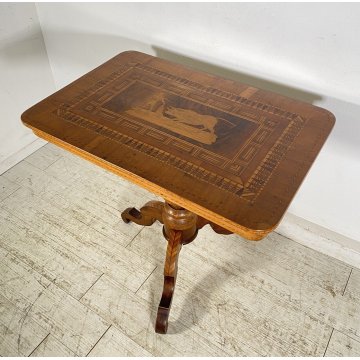 ANTICO TAVOLINO INTARSIATO TORO CORRIDA LEGNO NOCE 1800 SMALL TABLE SPAGNOLO OLD