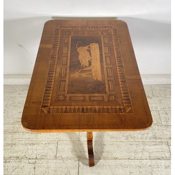 ANTICO TAVOLINO INTARSIATO TORO CORRIDA LEGNO NOCE 1800 SMALL TABLE SPAGNOLO OLD