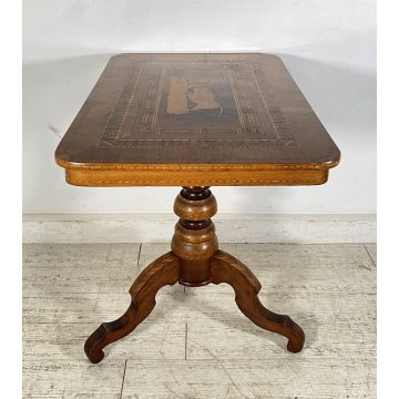 ANTICO TAVOLINO INTARSIATO TORO CORRIDA LEGNO NOCE 1800 SMALL TABLE SPAGNOLO OLD