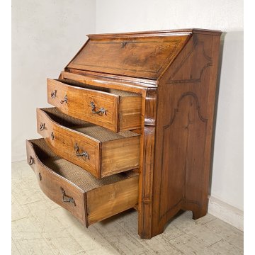 ANTICO MOBILE RIBALTA SECRETAIRE MOSSO SCRITTOIO INTARSIATO NOCE 1700 PIEMONTESE