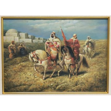 ANTICO QUADRO Holler DIPINTO olio tavola CAVALIERI ARABI epoca PAESAGGIO BEDUINI