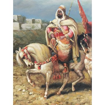 ANTICO QUADRO Holler DIPINTO olio tavola CAVALIERI ARABI epoca PAESAGGIO BEDUINI