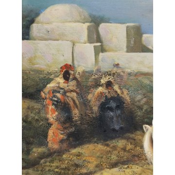 ANTICO QUADRO Holler DIPINTO olio tavola CAVALIERI ARABI epoca PAESAGGIO BEDUINI