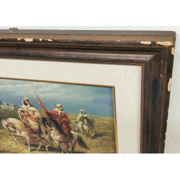 ANTICO QUADRO Holler DIPINTO olio tavola CAVALIERI ARABI epoca PAESAGGIO BEDUINI