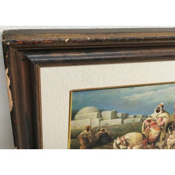 ANTICO QUADRO Holler DIPINTO olio tavola CAVALIERI ARABI epoca PAESAGGIO BEDUINI