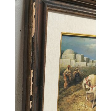 ANTICO QUADRO Holler DIPINTO olio tavola CAVALIERI ARABI epoca PAESAGGIO BEDUINI