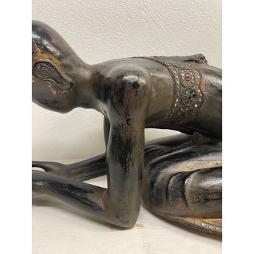 ANTICA SCULTURA LEGNO MONACO BUDDISTA STATUA LACCATA DORATA PREGHIERA