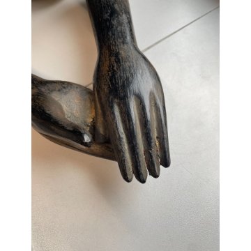 ANTICA SCULTURA LEGNO MONACO BUDDISTA STATUA LACCATA DORATA PREGHIERA