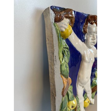 ANTICA GRANDE FORMELLA CERAMICA TOSCANA PUTTO BAMBINO PIASTRELLA GHIRLANDA '40