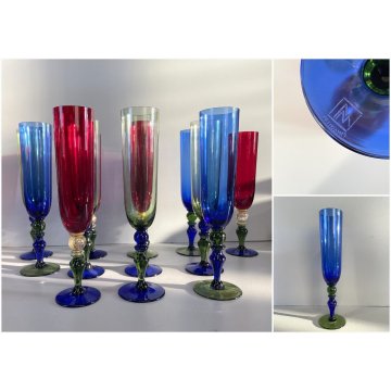 SET 12 CALICE FLUTE CHAMPAGNE Nason VETRO MURANO TRASPARENTE MULTICOLORE '900