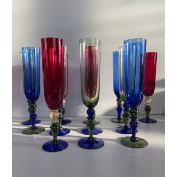 SET 12 CALICE FLUTE CHAMPAGNE Nason VETRO MURANO TRASPARENTE MULTICOLORE '900