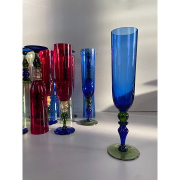 SET 12 CALICE FLUTE CHAMPAGNE Nason VETRO MURANO TRASPARENTE MULTICOLORE '900