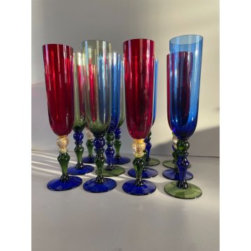 SET 12 CALICE FLUTE CHAMPAGNE Nason VETRO MURANO TRASPARENTE MULTICOLORE '900