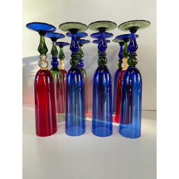 SET 12 CALICE FLUTE CHAMPAGNE Nason VETRO MURANO TRASPARENTE MULTICOLORE '900