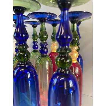 SET 12 CALICE FLUTE CHAMPAGNE Nason VETRO MURANO TRASPARENTE MULTICOLORE '900