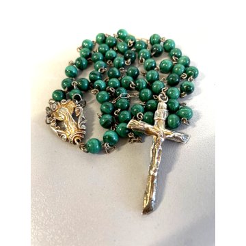 ROSARIO ARGENTO 925 GRANI ø 6 mm  PIETRA MALACHITE VINTAGE COLLEZIONE RELIGIOSO