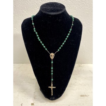 ROSARIO ARGENTO 925 GRANI ø 6 mm  PIETRA MALACHITE VINTAGE COLLEZIONE RELIGIOSO