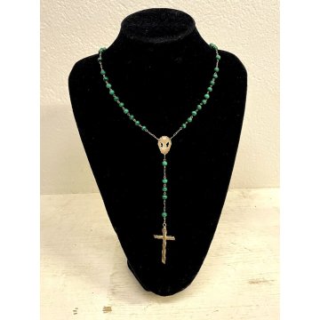 ROSARIO ARGENTO 925 GRANI ø 6 mm  PIETRA MALACHITE VINTAGE COLLEZIONE RELIGIOSO