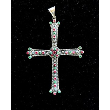 CIONDOLO CROCE CROCEFISSO ARGENTO 925 PIETRE COLOR SMERALDO RUBINO RELIGIOSO