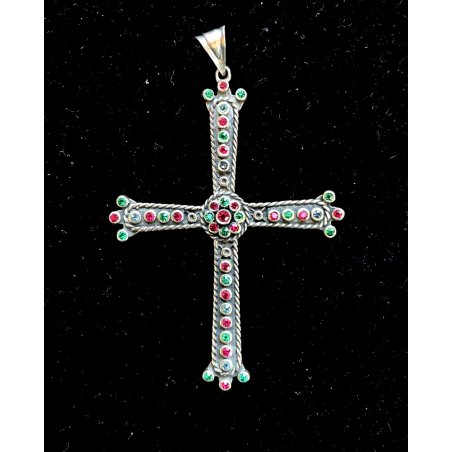 CIONDOLO CROCE CROCEFISSO ARGENTO 925 PIETRE COLOR SMERALDO RUBINO RELIGIOSO
