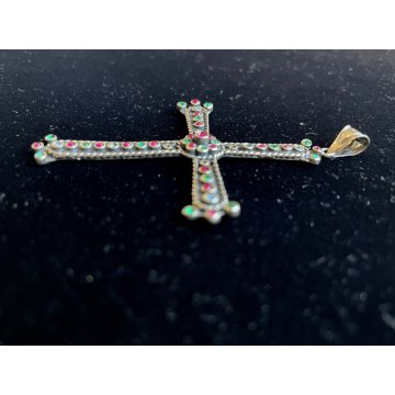 CIONDOLO CROCE CROCEFISSO ARGENTO 925 PIETRE COLOR SMERALDO RUBINO RELIGIOSO