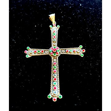 CIONDOLO CROCE CROCEFISSO ARGENTO 925 PIETRE COLOR SMERALDO RUBINO RELIGIOSO