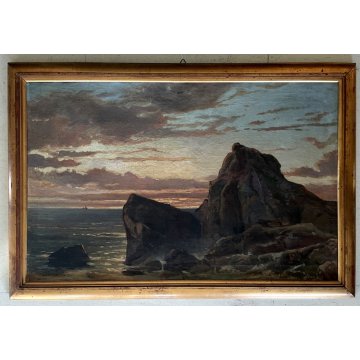 ANTICO GRANDE QUADRO OLIO PAESAGGIO MARINA GOLFO PROMONTORIO ALBA TRAMONTO '800