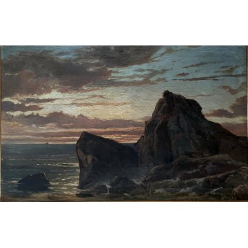 ANTICO GRANDE QUADRO OLIO PAESAGGIO MARINA GOLFO PROMONTORIO ALBA TRAMONTO '800