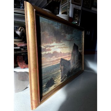 ANTICO GRANDE QUADRO OLIO PAESAGGIO MARINA GOLFO PROMONTORIO ALBA TRAMONTO '800