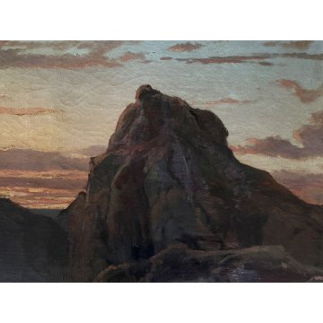 ANTICO GRANDE QUADRO OLIO PAESAGGIO MARINA GOLFO PROMONTORIO ALBA TRAMONTO '800