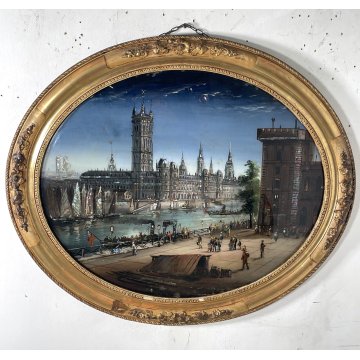 ANTICO QUADRO DIPINTO BOMBATO VETROFANIA MADREPERLA CORNICE ORO OVALE LONDRA