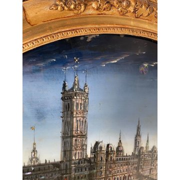 ANTICO QUADRO DIPINTO BOMBATO VETROFANIA MADREPERLA CORNICE ORO OVALE LONDRA