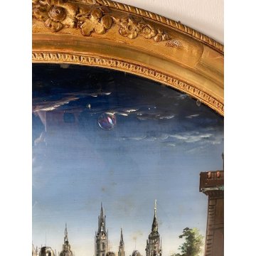 ANTICO QUADRO DIPINTO BOMBATO VETROFANIA MADREPERLA CORNICE ORO OVALE LONDRA