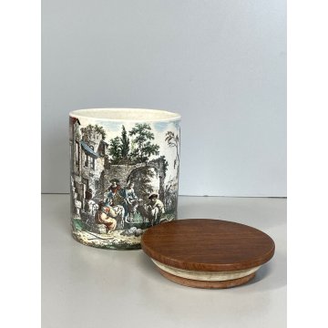 ANTICO VASO ZUCCHERO CERAMICA Deam Laveno DECORO TRANSFER TAPPO LEGNO TEAK '50