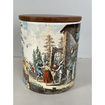 ANTICO VASO ZUCCHERO CERAMICA Deam Laveno DECORO TRANSFER TAPPO LEGNO TEAK '50