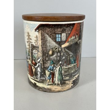 ANTICO VASO ZUCCHERO CERAMICA Deam Laveno DECORO TRANSFER TAPPO LEGNO TEAK '50