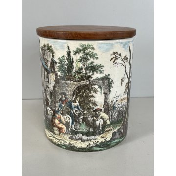 ANTICO VASO ZUCCHERO CERAMICA Deam Laveno DECORO TRANSFER TAPPO LEGNO TEAK '50