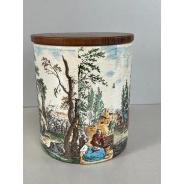 ANTICO VASO ZUCCHERO CERAMICA Deam Laveno DECORO TRANSFER TAPPO LEGNO TEAK '50