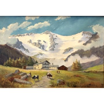 ANTICO GRANDE QUADRO OLIO G.N. Tallone PAESAGGIO MONTANO Gressoney MONTEROSA