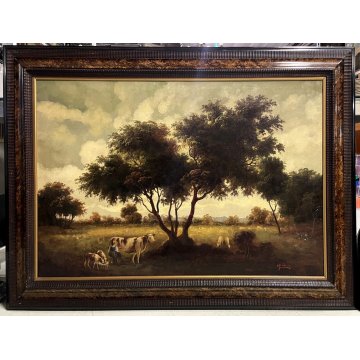 ANTICO GRANDE QUADRO OLIO C Federico PAESAGGIO BUCOLICO FIGURE PASCOLO GUILLOCHE