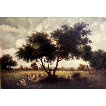 ANTICO GRANDE QUADRO OLIO C Federico PAESAGGIO BUCOLICO FIGURE PASCOLO GUILLOCHE