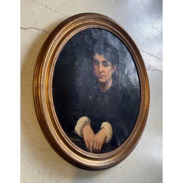 ANTICO QUADRO OLIO TELA RITRATTO FIGURA FEMMINILE NOBILDONNA CORNICE OVALE '800