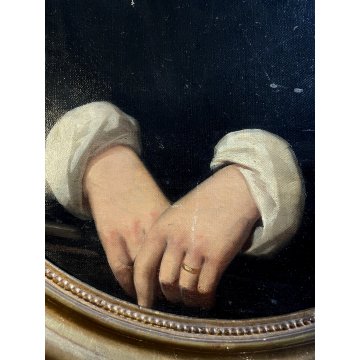 ANTICO QUADRO OLIO TELA RITRATTO FIGURA FEMMINILE NOBILDONNA CORNICE OVALE '800