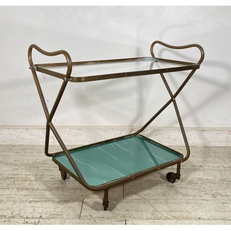CARRELLO BAR DESIGN ANNI 60 VINTAGE ITALY BAR TROLLEY 2 RIPIANI OLD OTTONE VETRO