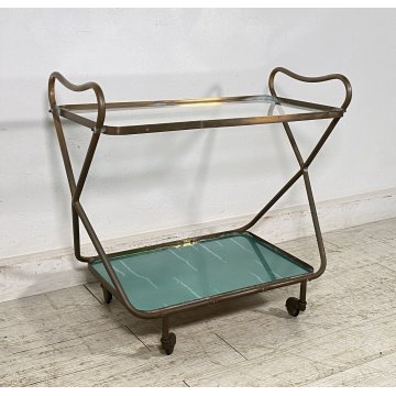 CARRELLO BAR DESIGN ANNI 60 VINTAGE ITALY BER TROLLEY 2 RIPIANI OLD OTTONE VETRO