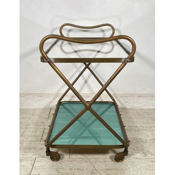 CARRELLO BAR DESIGN ANNI 60 VINTAGE ITALY BER TROLLEY 2 RIPIANI OLD OTTONE VETRO