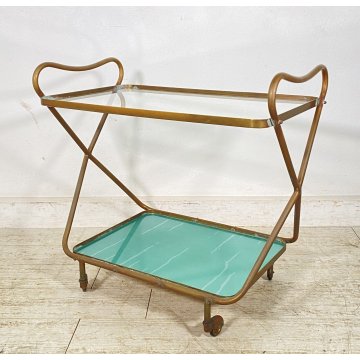 CARRELLO BAR DESIGN ANNI 60 VINTAGE ITALY BER TROLLEY 2 RIPIANI OLD OTTONE VETRO