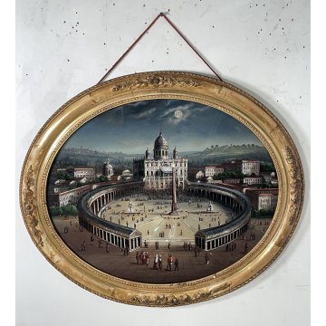 ANTICO QUADRO DIPINTO PIAZZA SAN PIETRO ROMA VETROFANIA MADREPERLA CORNICE DORATA